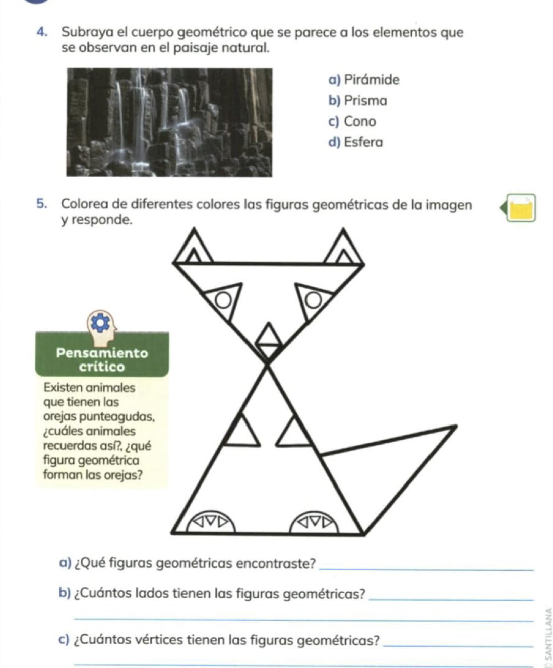 Subraya el cuerpo geométrico que se parece a los elementos que
se observan en el paisaje natural.
a) Pirámide
b) Prisma
c) Cono
d) Esfera
5. Colorea de diferentes colores las figuras geométricas de la imagen
y responde.
Pensamiento
crítico
Existen animales
que tienen las
orejas punteagudas,
¿cuáles animales
recuerdas así?, ¿qué
figura geométrica
forman las orejas?
a) ¿Qué figuras geométricas encontraste?_
b) ¿Cuántos lados tienen las figuras geométricas?_
_
c) ¿Cuántos vértices tienen las figuras geométricas?_
_