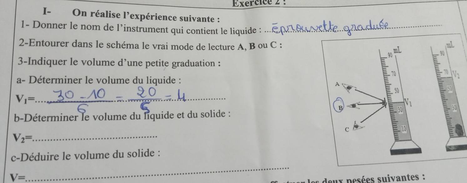 I- On réalise l’expérience suivante : 
1- Donner le nom de l’instrument qui contient le liquide :_ 
2-Entourer dans le schéma le vrai mode de lecture A, B ou C : mL
90 
3-Indiquer le volume d’une petite graduation :
70 V2
a- Déterminer le volume du liquide :
50
_ V_1=
_ 
b-Déterminer le volume du liquide et du solide :
50 30
V_2= _ 
c-Déduire le volume du solide :
V=
_ 
deux pesées suivantes :