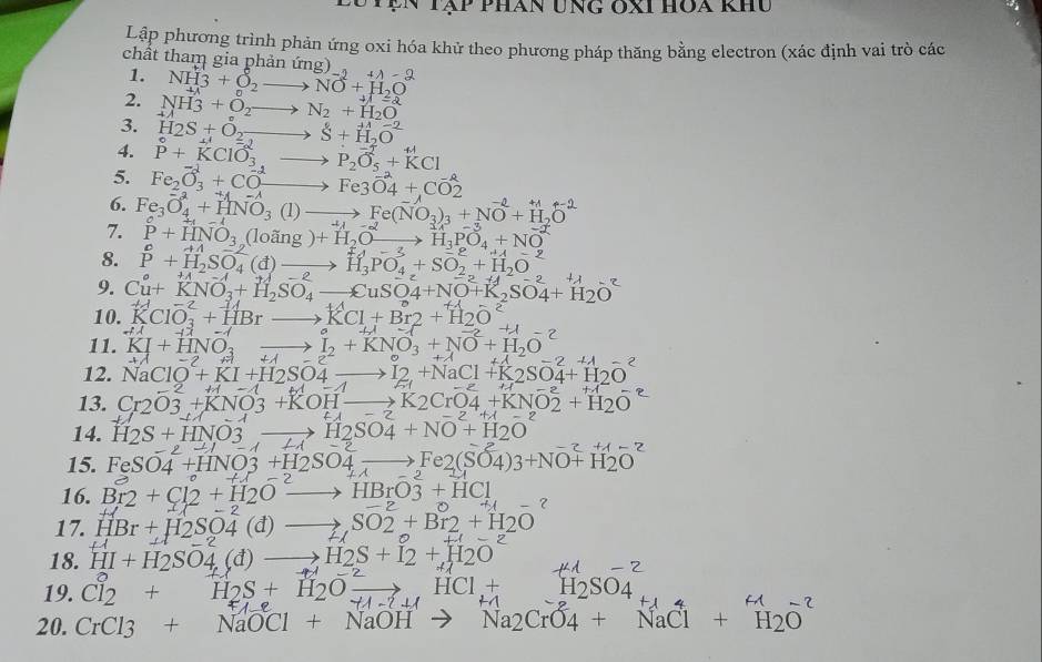 Cyện tập phan ung oxi hoa khu
Lập phương trình phản ứng oxi hóa khử theo phương pháp thăng bằng electron (xác định vai trò các
chất tham gia phản ứng) -2+lambda -2
1. NH3+O_2to NO+H_2O
2. NH_3+O_2to N_2+H_2O 41=2
3. H_2S+O_2to S+H_2O^-
4. P°+vector KClO^-_3.to P_2O_5^(-+KCl)
5. Fe_2O_3^((-1)+CO^-2)to Fe3O4+CO_2^((-2)
6.
-4+1+4-2
7. Fe_3)O_4^((-3)+HNO_3)(1)to Fe(NO_3)_3+NO+H_2O P+HNO_3(loing)+H_2Oto H_3PO_4+NO^(-2)
8. vector (P_2)^(+A)SO_4^((-2)(d)to H_3)PO_4^((-3)+SO_2^(-2)+H_2)O^2
9. Cu+KNO_3+H_2SO_4to CuSO4+NO+K_2SO4+H_2O
10. KClO_3^((-2)+HBrto KCl+Br2+H2O^2)
+1 -
11. KI+HNO_3^((circ) to I_2)+KNO_3+NO+H_2O
45°
12. NaClO+KI+H_2SO_4to I2+NaCl+K_2SO_4+H_2O -2
1E1
13. Cr2O3+KNO3+KOHto K2CrO4+KNO2+H2O
14. H_2S+HNO3 _  . H_2SO_4^(2+NO^-2)+H_2O^(-2) A-4-2
15. FeSO_4^((-2)+HNO3+H_2)SO4to Fe2(SO4)3+NO+H_2O
16. Br2+Cl2+H2O^-to HBrO3+HCl
17.
18. HI+H_2SO4(d)to H2S+I2+H2O^2O^2 HBr+H2SO4(d)to SO2+Br2+H2O^-
19. Cl2 + H2S + H2O HCl H_2SO_4
20. CrCl_3+NaOCl+NaOHto Na_2Cl+NaCl+H_2O