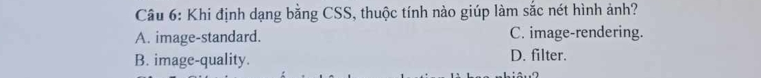 Khi định dạng bằng CSS, thuộc tính nào giúp làm sắc nét hình ảnh?
A. image-standard. C. image-rendering.
B. image-quality.
D. filter.