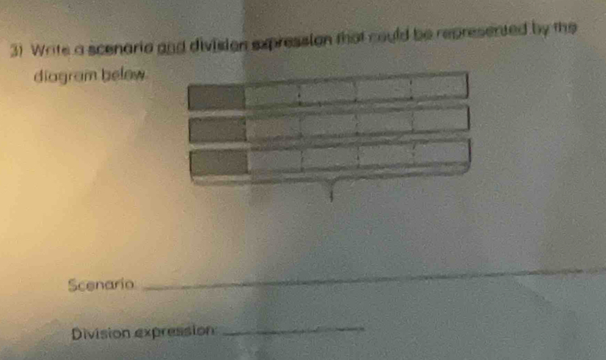 Write a scenaria and division expression that could be represented by the 
diagram below 
Scenario 
_ 
_ 
Division expression 
_