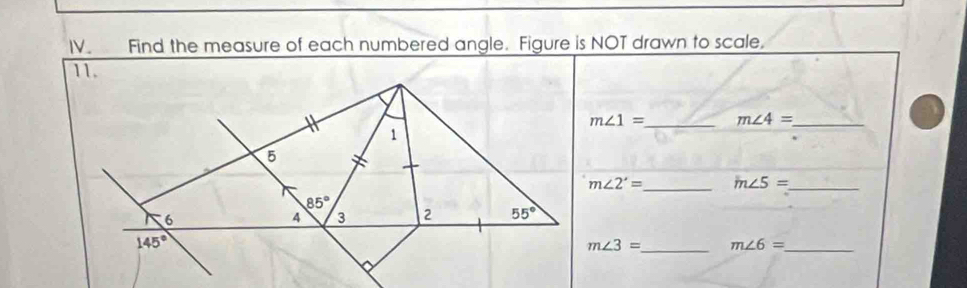 Find the measure of each numbered angle. Figure is NOT drawn to scale.
m∠ 1= _ m∠ 4= _
m∠ 2'= _ m∠ 5= _
m∠ 3= _ m∠ 6= _