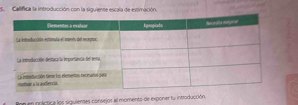 Calífica la introducción con la siguiente escala de estimación, 
Pon en práctica los siguientes consejos al momento de exponer tu introducción.