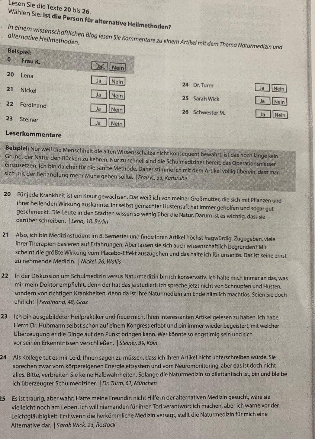 Lesen Sie die Texte 20 bis 26.
Wählen Sie: 1st die Person für alternative Heilmethoden?
In einem wissenschaftlichen Blog lesen Sie Kommentare zu einem Artikel mit dem Thema Naturmedizin und
alternative Heilmet
24 Dr. Turm Nein
Ja
25 Sarah Wick
Ja Nein
26 Schwester M. Ja Nein
mentare
Beispiel: Nur weil die Menschheit die alten Wissensschätze nicht konsequent bewahrt, ist das noch lange kein
Grund, der Natur den Rücken zu kehren. Nur zu schnell sind die Schulmediziner bereit, das Operationsmesser
einzusetzen. Ich bin da eher für die sanfte Methode. Daher stimme ich mit dem Artikel völlig überein, dass man
sich mit der Behandlung mehr Mühe geben sollte. | Frau K., 53, Karlsruhe
20 Für jede Krankheit ist ein Kraut gewachsen. Das weiß ich von meiner Großmutter, die sich mit Pflanzen und
ihrer heilenden Wirkung auskannte. Ihr selbst gemachter Hustensaft hat immer geholfen und sogar gut
geschmeckt. Die Leute in den Städten wissen so wenig über die Natur. Darum ist es wichtig, dass sie
darüber schreiben. | Lena, 18, Berlin
21 Also, ich bin Medizinstudent im 8. Semester und finde Ihren Artikel höchst fragwürdig. Zugegeben, viele
Ihrer Therapien basieren auf Erfahrungen. Aber lassen sie sich auch wissenschaftlich begründen? Mir
scheint die größte Wirkung vom Placebo-Effekt auszugehen und das halte ich für unseriös. Das ist keine ernst
zu nehmende Medizin. | Nickel, 26, Wallis
22 In der Diskussion um Schulmedizin versus Naturmedizin bin ich konservativ. Ich halte mich immer an das, was
mir mein Doktor empfiehlt, denn der hat das ja studiert. Ich spreche jetzt nicht von Schnupfen und Husten,
sondern von richtigen Krankheiten, denn da ist Ihre Naturmedizin am Ende nämlich machtlos. Seien Sie doch
ehrlich! | Ferdinand, 48, Graz
23 Ich bin ausgebildeter Heilpraktiker und freue mich, Ihren interessanten Artikel gelesen zu haben. Ich habe
Herrn Dr. Hubmann selbst schon auf einem Kongress erlebt und bin immer wieder begeistert, mit welcher
Überzeugung er die Dinge auf den Punkt bringen kann. Wer könnte so engstirnig sein und sich
vor seinen Erkenntnissen verschließen. | Steiner, 39, Köln
24 Als Kollege tut es mir Leid, Ihnen sagen zu müssen, dass ich Ihren Artikel nicht unterschreiben würde. Sie
sprechen zwar vom körpereigenen Energieleitsystem und vom Neuromonitoring, aber das ist doch nicht
alles. Bitte, verbreiten Sie keine Halbwahrheiten. Solange die Naturmedizin so dilettantisch ist, bin und bleibe
ich überzeugter Schulmediziner. | Dr. Turm, 61, München
25 Es ist traurig, aber wahr: Hätte meine Freundin nicht Hilfe in der alternativen Medizin gesucht, wäre sie
vielleicht noch am Leben. Ich will niemanden für ihren Tod verantwortlich machen, aber ich warne vor der
Leichtgläubigkeit. Erst wenn die herkömmliche Medizin versagt, stellt die Naturmedizin für mich eine
Alternative dar. | Sarah Wick, 23, Rostock