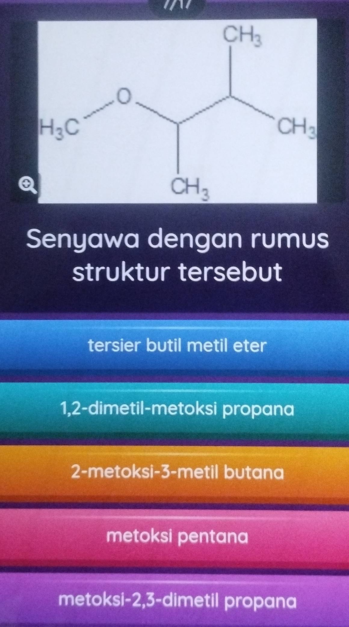 Senyawa dengan rumus
struktur tersebut
tersier butil metil eter
1,2-dimetil-metoksi propana
2-metoksi-3-metil butana
metoksi pentana
metoksi-2,3-dimetil propana