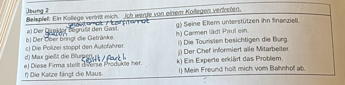 Übung 2 
Beispiel: Ein Kollege vertritt mich. Ich werde von einem Kollegen vertreten. 
a) Der Direktor begrüßt den Gast. g) Seine Eltern unterstützen ihn finanziell. 
b) Der Ober bringt die Getränke. h) Carmen lädt Paul ein. 
c) Die Polizei stoppt den Autofahrer. i) Die Touristen besichtigen die Burg. 
d) Max gießt die Blumen j) Der Chef informiert alle Mitarbeiter. 
e) Diese Firma stellt diverse Produkte her. k) Ein Experte erklärt das Problem. 
f) Die Katze fängt die Maus. I) Mein Freund holt mich vom Bahnhof ab.