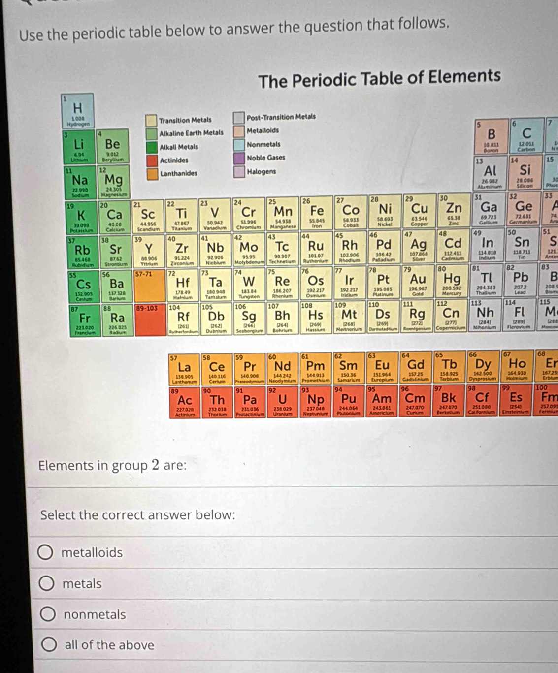 Use the periodic table below to answer the question that follows.
7
15
30
Phot
33
7ª
51
S
121
Antin
83
B
208.9
Oismu
115
M
(288
68
Er
167,25 Erbium
100
Fm
25709
Elements in group 2 are:
Select the correct answer below:
metalloids
metals
nonmetals
all of the above