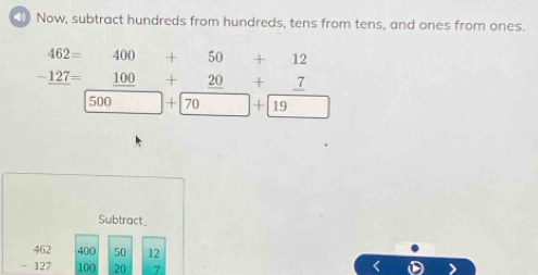 Now, subtract hundreds from hundreds, tens from tens, and ones from ones.
462= 400+50+12
-_ 127= 100 +_ 20+_ 7
500 =| | 70 +|19
Subtract_
400 50 12
beginarrayr 462 -127 endarray 100 20 7