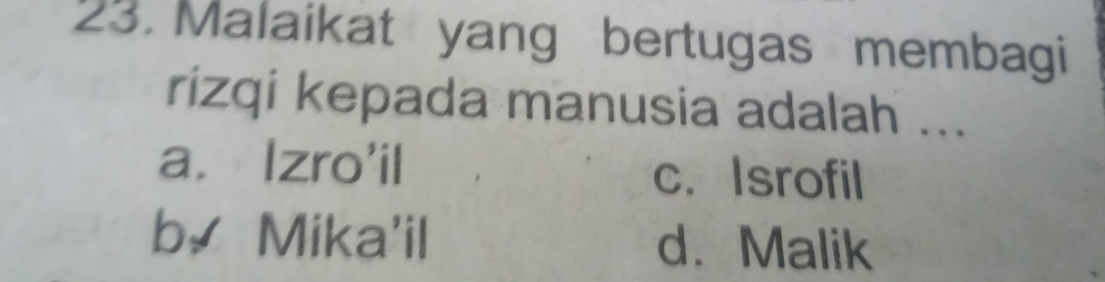 Malaikat yang bertugas membagi
rizqi kepada manusia adalah ...
a. Izro'il
c. Isrofil
b， Mika'il d. Malik