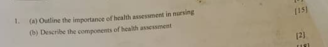 Outline the importance of health assessment in nursing 
[15] 
(b) Describe the components of health assessment 
[2]