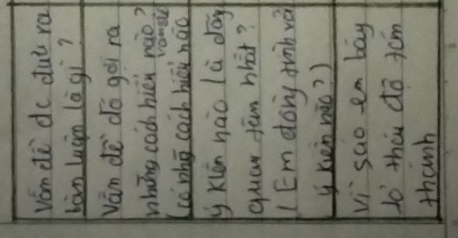 vom dli do duǐ ra 
bàn luán là gi? 
Nan de dó gèi ra 
Mhōng cach hièi nào? 
Vomble 
cc zhg cach hiēi nào 
y Kiān nào lù dōg 
guaw fan hhat? 
(Em dorg finb và 
yxen nāo? ) 
vi sao em bay 
do theu do jcm 
thanh