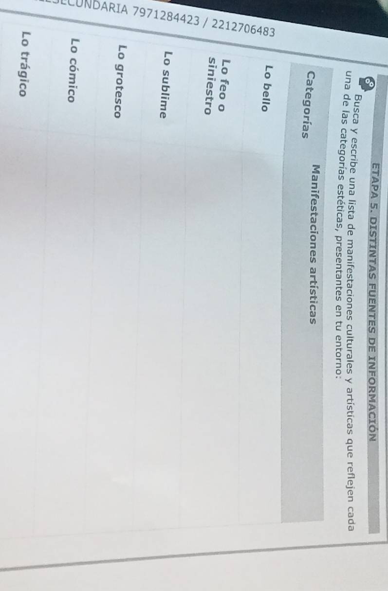 ETAPA 5. DISTINTAS FUENTES DE INFORMACIÓN 
Busca y escribe una lista de manifestaciones culturales y artísticas que reflejen cada 
una de las cate