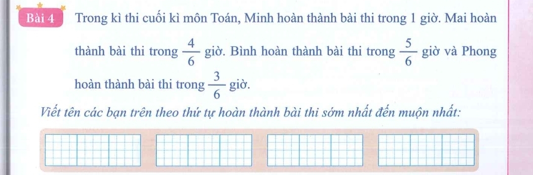 Trong kì thi cuối kì môn Toán, Minh hoàn thành bài thi trong 1 giờ. Mai hoàn 
thành bài thi trong  4/6  giờ. Bình hoàn thành bài thi trong  5/6  giờ và Phong 
hoàn thành bài thi trong  3/6  giò. 
Viết tên các bạn trên theo thứ tự hoàn thành bài thi sớm nhất đến muộn nhất: