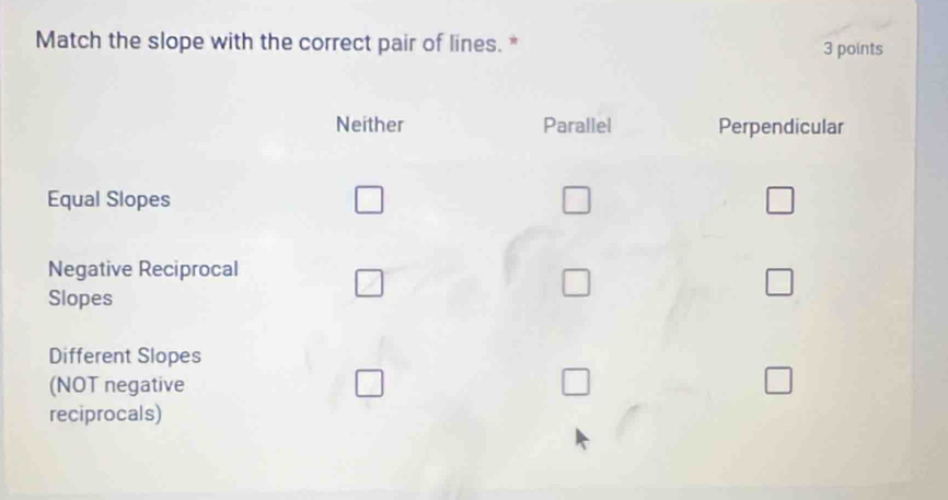 Match the slope with the correct pair of lines. * 3 points
Neither Parallel Perpendicular
Equal Slopes
Negative Reciprocal
Slopes
Different Slopes
(NOT negative
reciprocals)