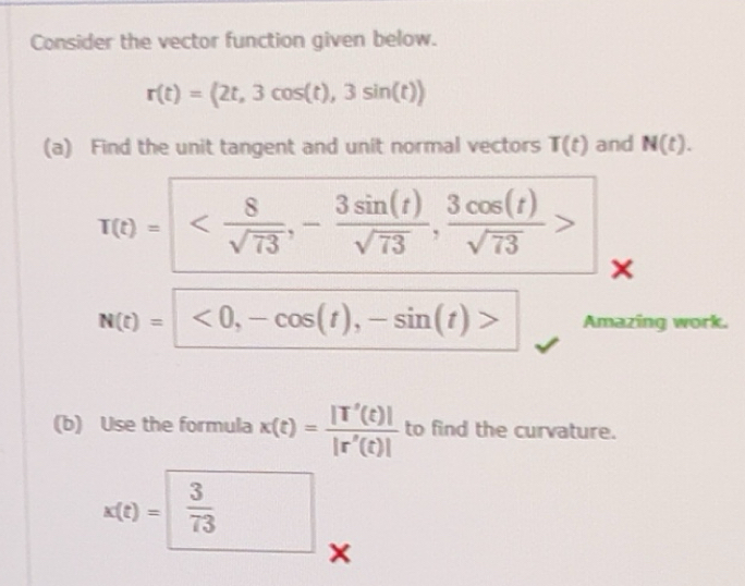 Solved: Consider the vector function given below. r(t)= 2t,3cos (t ...