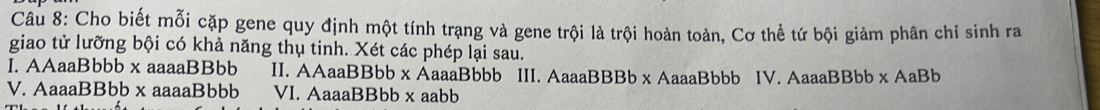 Cho biết mỗi cặp gene quy định một tính trạng và gene trội là trội hoàn toàn, Cơ thể tứ bội giảm phân chỉ sinh ra 
giao tử lưỡng bội có khả năng thụ tinh. Xét các phép lại sau. 
I. AAaaBbbb x aaaaBBbb II. AAaaBBbb x AaaaBbbb III. AaaaBBBb x AaaaBbbb IV. AaaaBBbb x AaBb 
V. AaaaBBbb x aaaaBbbb VI. AaaaBBbb x aabb