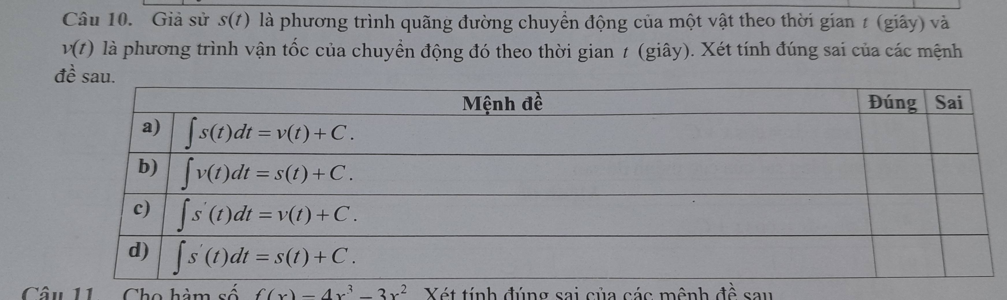 Giả sử S(t) là phương trình quãng đường chuyển động của một vật theo thời gian 1 (giây) và
v(t) là phương trình vận tốc của chuyển động đó theo thời gian t (giây). Xét tính đúng sai của các mệnh
Câu 11 Cho hàm số f(x)=4x^3-3x^2 Xét tính đúng sai của các mênh đề sau