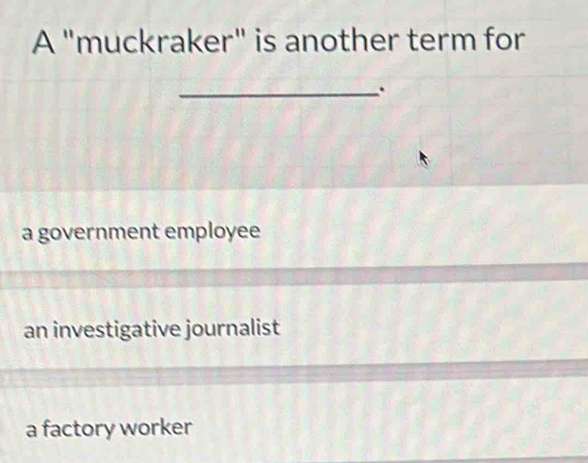 A "muckraker" is another term for
_.
a government employee
an investigative journalist
a factory worker