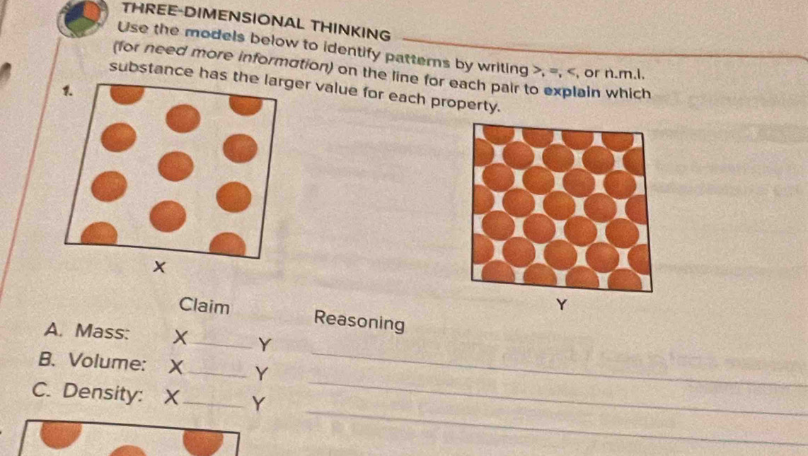 THREE-DIMENSIONAL THINKING 
Use the models below to identify patterns by writing , =, , or n.m.i. 
(for need more information) on the line for each pair to explain which 
substance has er value for each property. 
Claim Reasoning 
A. Mass: X_  Y
_ 
B. Volume: X _ Y
_ 
_ 
C. Density: X _ Y