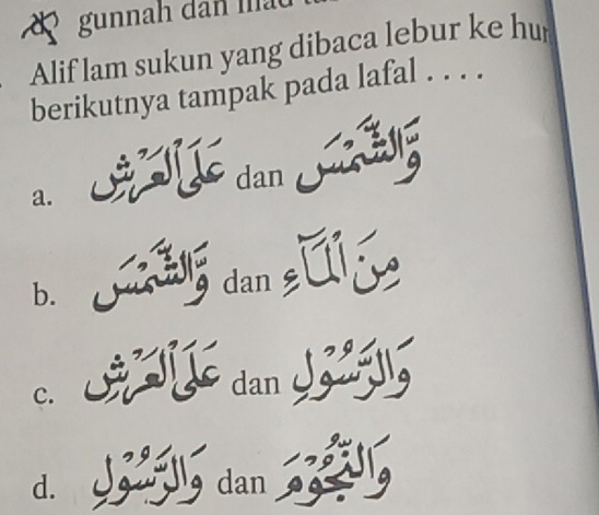 gunnah dan mác
Alif lam sukun yang dibaca lebur ke hur
berikutnya tampak pada lafal . . . .
dan
a.
b. C dan Gi
c.
dan
d. Jow llø dan