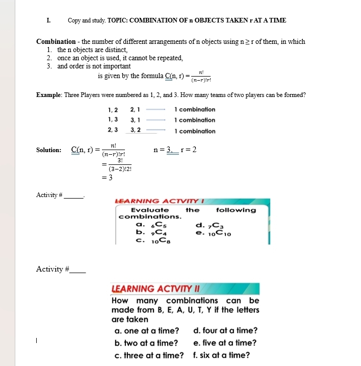 Solved: Copy and study. TOPIC: COMBINATION OF n OBJECTS TAKEN r AT A ...