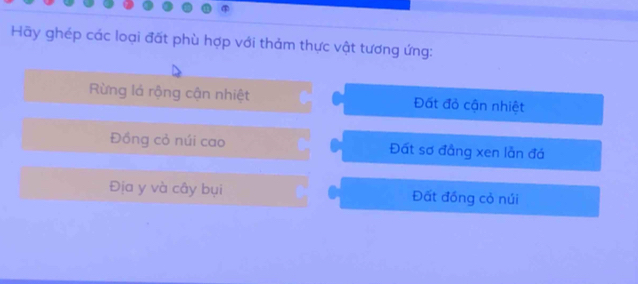 Hãy ghép các loại đất phù hợp với thảm thực vật tương ứng:
Rừng lá rộng cận nhiệt Đất đỏ cận nhiệt
Đồng cỏ núi cao Đất sơ đẳng xen lằn đá
Địa y và cây bụi Đất đồng cỏ núi