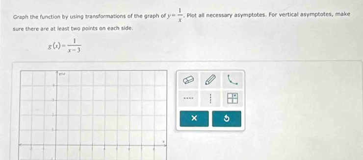 Graph the function by using transformations of the graph of y= 1/x . Plot all necessary asymptotes. For vertical asymptotes, make 
sure there are at least two points on each side.
g(x)= 1/x-3 ... 
×