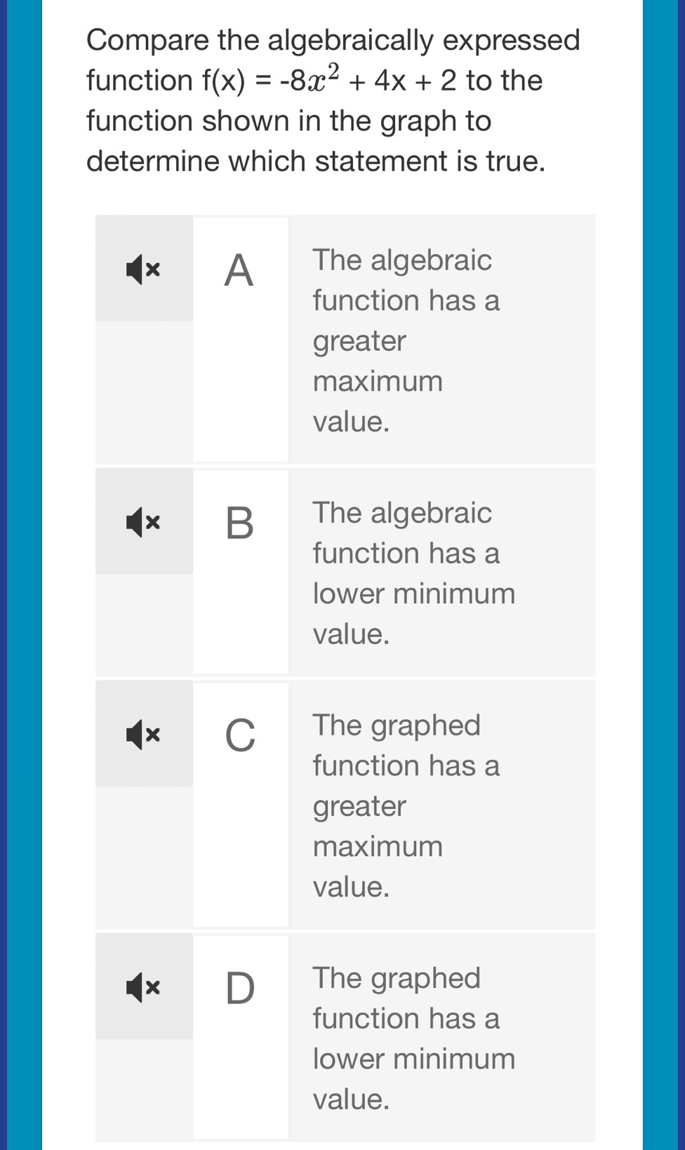 Compare the algebraically expressed 
function f(x)=-8x^2+4x+2 to the 
function shown in the graph to 
determine which statement is true.