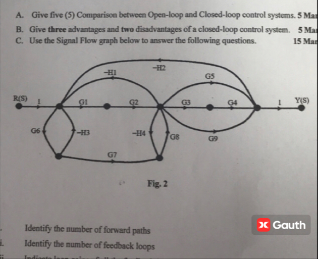 Give five (5) Comparison between Open-loop and Closed-loop control systems. 5 Mar
B. Give three advantages and two disadvantages of a closed-loop control system. 5 Mar
C. Use the Signal Flow graph below to answer the following questions. 15 Mar
Fig. 2
Identify the number of forward paths x Gauth
Identify the number of feedback loops