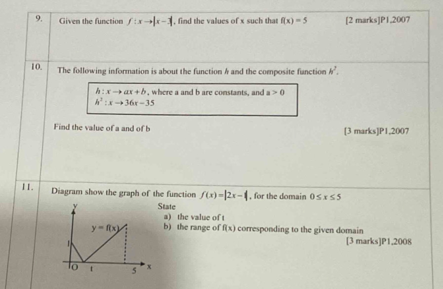 Given the function f:xto |x-3| , find the values of x such that f(x)=5 [2 marks]P1,2007
10. The following information is about the function h and the composite function h^2.
h:xto ax+b , where a and b are constants, and a>0
h^2:xto 36x-35
Find the value of a and of b
[3 marks]P1,2007
11. Diagram show the graph of the function f(x)=|2x-1| , for the domain 0≤ x≤ 5
State
a) the value of t
b) the range of f(x) corresponding to the given domain
[3 marks]P1,2008