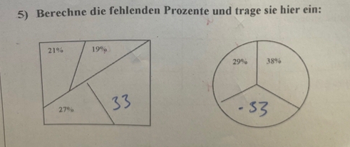 Berechne die fehlenden Prozente und trage sie hier ein:
21% 19°
29% 38%
27%