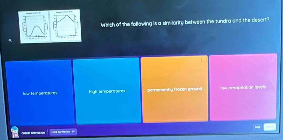 Which of the following is a similarity between the tundra and the desert?
low temperatures high temperatures permanently frozen ground low precipitation levels
Ship
CHELBY GREMILLION Mark For Review