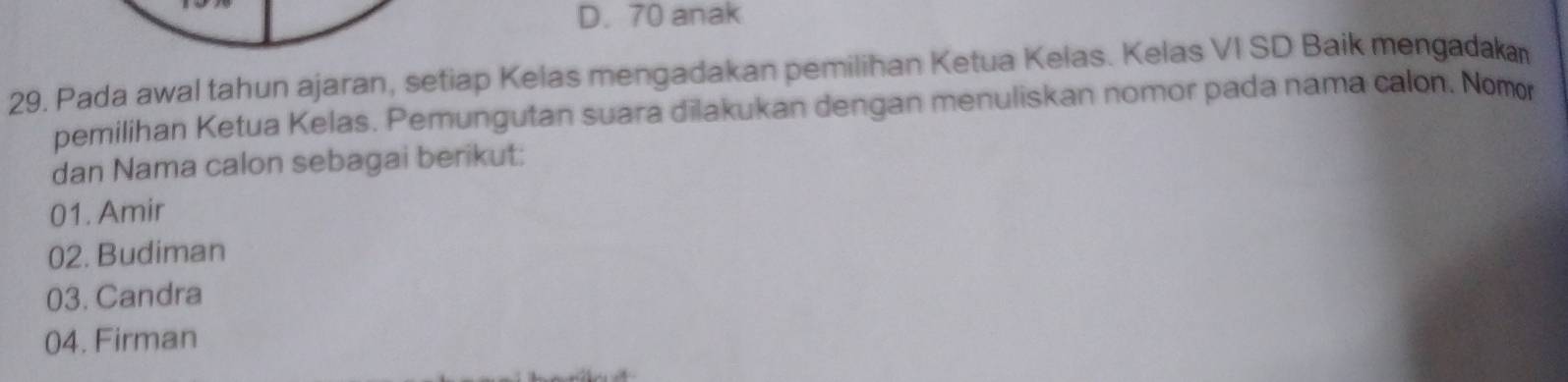 D. 70 anak
29. Pada awal tahun ajaran, setiap Kelas mengadakan pemilihan Ketua Kelas. Kelas VI SD Baik mengadaka
pemilihan Ketua Kelas. Pemungutan suara dilakukan dengan menuliskan nomor pada nama calon. Nomo
dan Nama calon sebagai berikut:
01. Amir
02. Budiman
03. Candra
04. Firman