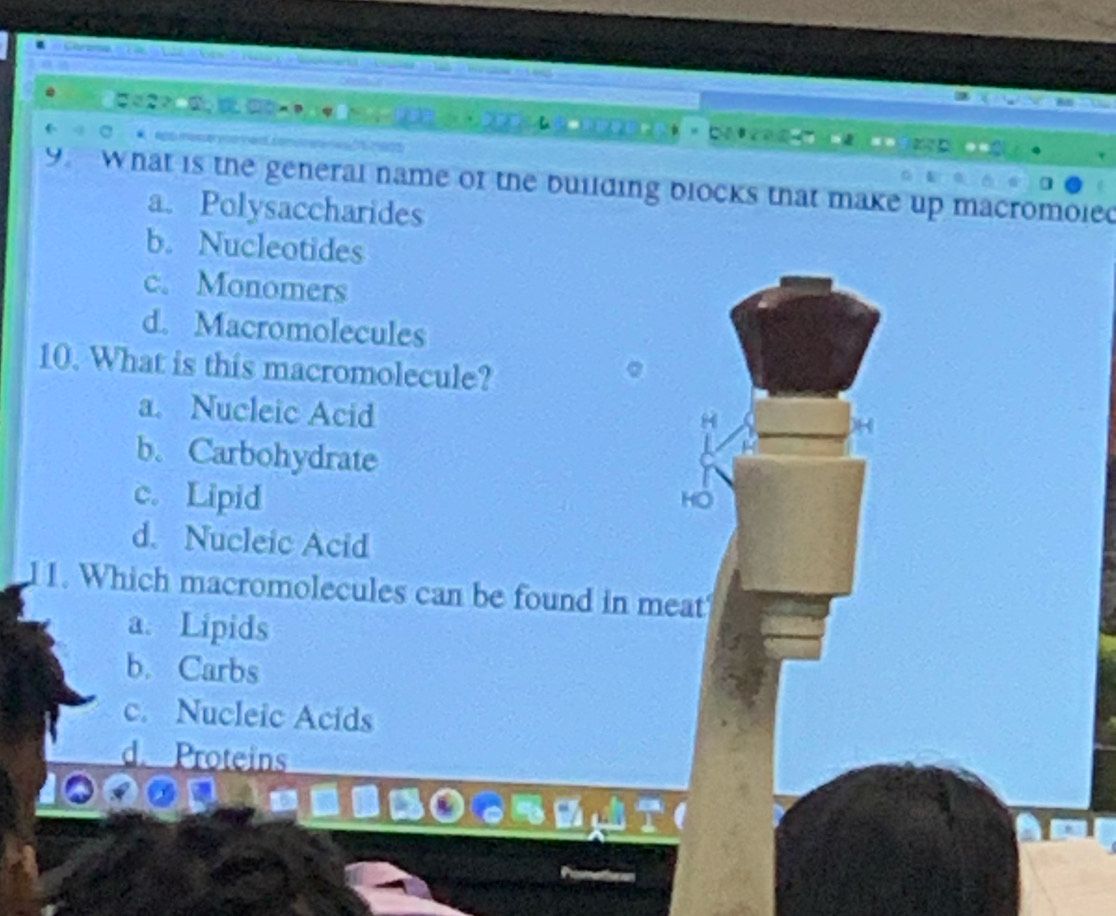 What is the general name of the building blocks that make up macromoled
a. Polysaccharides
b. Nucleotides
c. Monomers
d. Macromolecules
10. What is this macromolecule?
a. Nucleic Acid
H
b.Carbohydrate
c. Lipid HO
d. Nucleic Acid
11. Which macromolecules can be found in meat
a. Lipids
b. Carbs
c. Nucleic Acids
d. Proteins