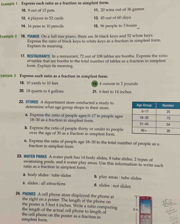 Example 1 Express each ratio as a fraction in simplest form.
10. 9 out of 15 pets 11. 20 wins out of 36 games
12. 4 players to 52 cards 13. 45 out of 60 days
14. 16 pens to 10 pencils 15. 96 people to 3 buses
Example 2  16. PIANOS On a full size piano, there are 36 black keys and 52 white keys.
Express the ratio of black keys to white keys as a fraction in simplest form.
Explain its meaning.
17. RESTAURANTS In a restaurant, 72 out of 108 tables are booths. Express the ratio
of tables that are booths to the total number of tables as a fraction in simplest
form. Explain its meaning.
Example 3 Express each ratio as a fraction in simplest form.
18. 10 yards to 10 feet 19 4 ounces to 2 pounds
20. 18 quarts to 4 gallons 21. 6 feet to 14 inches
22. STORES A department store conducted a study to 
determine what age group shops in their store.
a. Express the ratio of people ages 0-17 to people ages
18-30 as a fraction in simplest form.
b. Express the ratio of people thirty or under to people
over the age of 30 as a fraction in simplest form.
c. Express the ratio of people age 18-30 to the total number of people as a
fraction in simplest form.
23. WATER PARKS A water park has 14 body slides, 8 tube slides, 2 types of
swimming pools, and 6 water play areas. Use this information to write each
ratio as a fraction in simplest form.
a. body slides : tube slides b. play areas : tube slides
c. slides : all attractions d. slides : not slides
24. PHONES A cell phone store displayed the phone at
the right on a poster. The length of the phone on
a
72
the poster is 3 feet 4 inches. Write a ratio comparing
the length of the actual cell phone to length of 4 in.
the cell phone on the poster as a fraction in
simplest form.