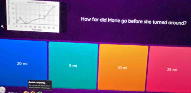 Many's Trp to Wak

D 6
s
A
C
How far did Marie go before she turned around?
1 1 20 25 30 38 46
Time (mes)
20 mi 5 mi 10 mi
25 mi
Double Jespardy
a c Se rbe t s bd