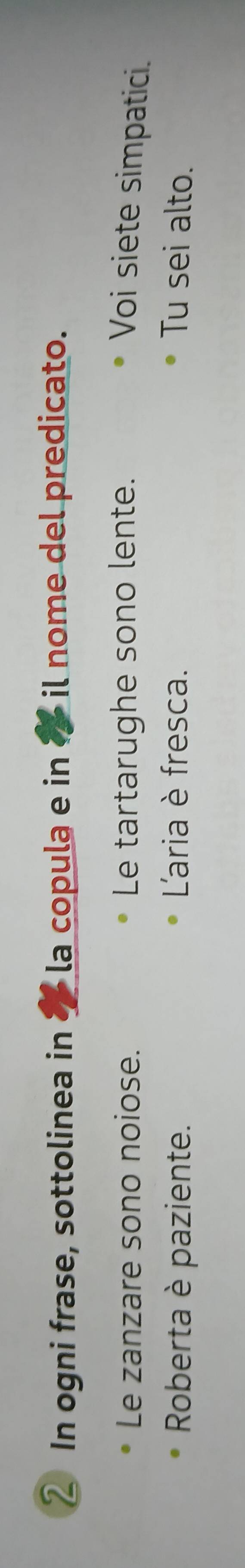 ② In ogni frase, sottolinea in a la copula e in é il nome del predicato. 
Le zanzare sono noiose. Le tartarughe sono lente. Voi siete simpatici. 
Roberta è paziente. L'aria è fresca. Tu sei alto.