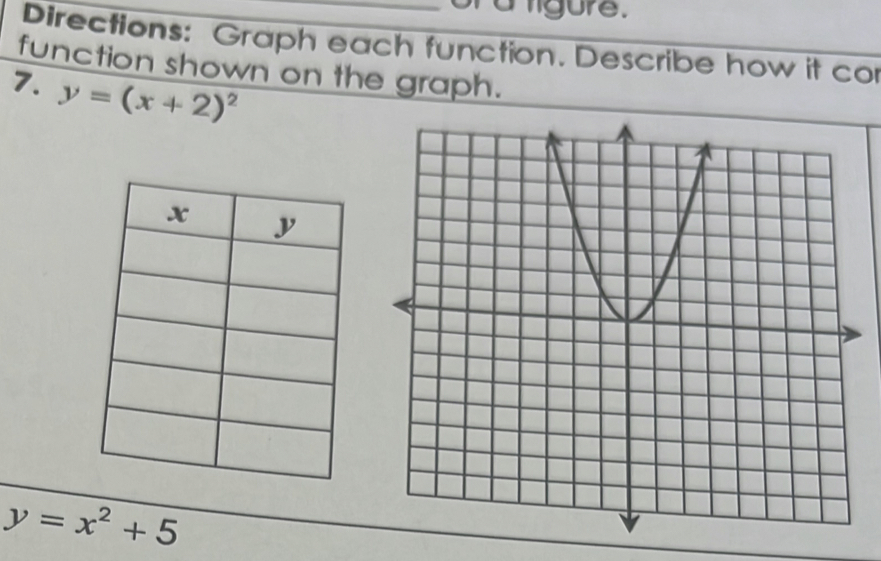 a igure.
Directions: Graph each function. Describe how it cor
function shown on the graph.
7. y=(x+2)^2
y=x^2+5