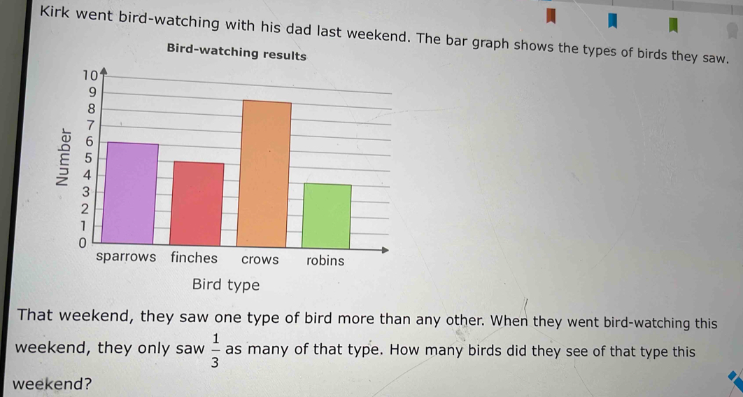 Solved: Kirk went bird-watching with his dad last weekend. The bar ...
