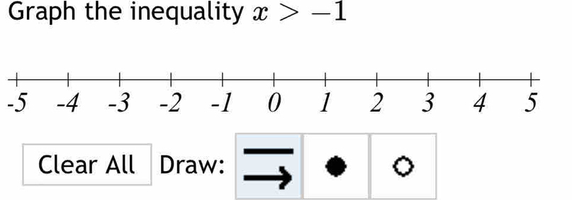 Graph the inequality x>-1
-5
Clear All Draw: