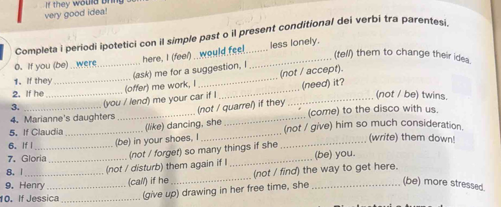 If they would bring 
very good idea! 
Completa i periodi ipotetici con il simple past o il present conditional dei verbi tra parentesi. 
here, I (feel) ..would feel _less lonely. 
(tell) them to change their idea. 
0. If you (be) . were_ 
(ask) me for a suggestion, I 
_(offer) me work, I_ (not / accept). 
1. If they 
(you / lend) me your car if I_ (need) it? 
2. If he_ _(not / be) twins. 
3. 
(not / quarrel) if they 
4. Marianne's daughters __(come) to the disco with us. 
_ 
(like) dancing, she 
5. If Claudia _(not / give) him so much consideration. 
(write) them down! 
6.If I_ 
(be) in your shoes, I 
7. Gloria_ 
(not / forget) so many things if she 
_ 
8. 1 
(not / disturb) them again if I_ (be) you. 
9. Henry_ (ca//) if he_ (not / find) the way to get here. 
10. If Jessica_ 
(give up) drawing in her free time, she 
(be) more stressed.