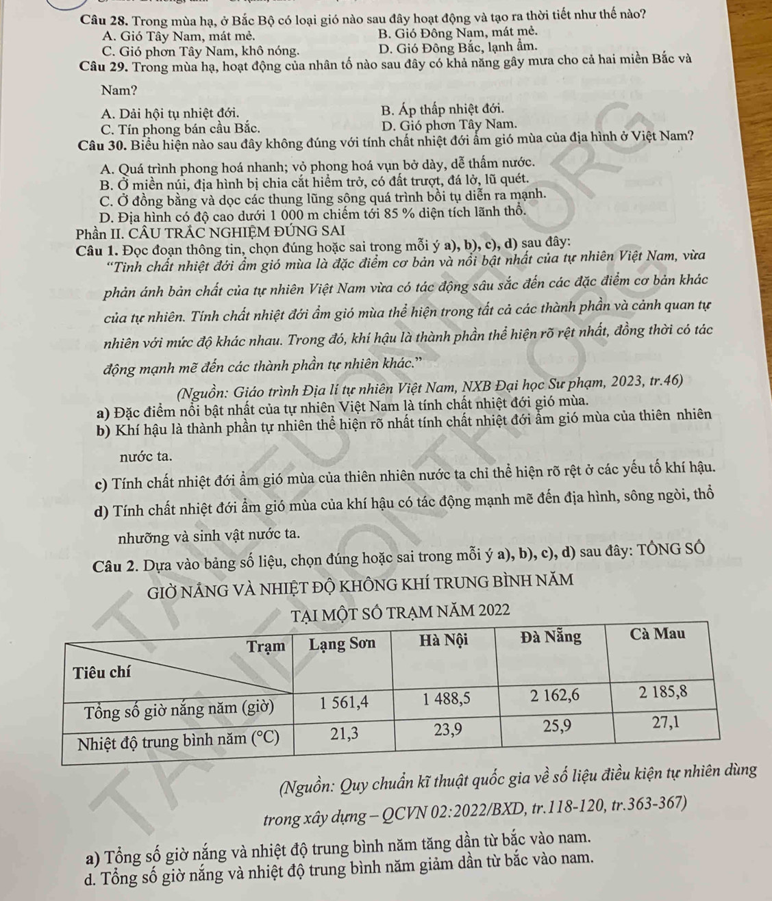 Trong mùa hạ, ở Bắc Bộ có loại gió nào sau đây hoạt động và tạo ra thời tiết như thế nào?
A. Gió Tây Nam, mát mẻ. B. Gió Đông Nam, mát mẻ.
C. Gió phơn Tây Nam, khô nóng. D. Gió Đông Bắc, lạnh ẩm.
Câu 29. Trong mùa hạ, hoạt động của nhân tố nào sau đây có khả năng gây mưa cho cả hai miền Bắc và
Nam?
A. Dải hội tụ nhiệt đới. B. Áp thấp nhiệt đới.
C. Tín phong bán cầu Bắc. D. Gió phơn Tây Nam.
Câu 30. Biểu hiện nào sau đây không đúng với tính chất nhiệt đới ấm gió mùa của địa hình ở Việt Nam?
A. Quá trình phong hoá nhanh; vỏ phong hoá vụn bở dày, dễ thấm nước.
B. Ở miền núi, địa hình bị chia cắt hiểm trở, có đất trượt, đá lở, lũ quét.
C. Ở đồng bằng và dọc các thung lũng sông quá trình bồi tụ diễn ra mạnh.
D. Địa hình có độ cao dưới 1 000 m chiếm tới 85 % diện tích lãnh thổ.
Phần II. CÂU TRÁC NGHIỆM ĐÚNG SAI
Câu 1. Đọc đoạn thông tin, chọn đúng hoặc sai trong mỗi ý a), b), c), d) sau đây:
'Tinh chất nhiệt đới ẩm gió mùa là đặc điểm cơ bản và nổi bật nhất của tự nhiên Việt Nam, vừa
phản ánh bản chất của tự nhiên Việt Nam vừa có tác động sâu sắc đến các đặc điểm cơ bản khác
của tự nhiên. Tính chất nhiệt đới ẩm gió mùa thể hiện trong tất cả các thành phần và cảnh quan tự
nhiên với mức độ khác nhau. Trong đó, khí hậu là thành phần thể hiện rõ rệt nhất, đồng thời có tác
động mạnh mẽ đến các thành phần tự nhiên khác.”
(Nguồn: Giáo trình Địa lí tự nhiên Việt Nam, NXB Đại học Sư phạm, 2023, tr.46)
a) Đặc điểm nổi bật nhất của tự nhiên Việt Nam là tính chất nhiệt đới gió mùa.
b) Khí hậu là thành phần tự nhiên thể hiện rõ nhất tính chất nhiệt đới ẩm gió mùa của thiên nhiên
nước ta.
c) Tính chất nhiệt đới ẩm gió mùa của thiên nhiên nước ta chỉ thể hiện rõ rệt ở các yếu tố khí hậu.
d) Tính chất nhiệt đới ẩm gió mùa của khí hậu có tác động mạnh mẽ đến địa hình, sông ngòi, thổ
nhưỡng và sinh vật nước ta.
Câu 2. Dựa vào bảng số liệu, chọn đúng hoặc sai trong mỗi ý a), b), c), d) sau đây: TÔNG SÔ
GIỞ NẢNG VÀ NHIệT độ KhÔNG KHÍ TRUNG bÌNH năm
MỘT SỐ TRẠM NăM 2022
(Nguồn: Quy chuẩn kĩ thuật quốc gia về số liệu điều kiện tự nhiên d
trong xây dựng - QCVN 02:2022/BXD, tr.118-120, tr.363-367)
a) Tổng số giờ nắng và nhiệt độ trung bình năm tăng dần từ bắc vào nam.
d. Tổng số giờ nắng và nhiệt độ trung bình năm giảm dần từ bắc vào nam.