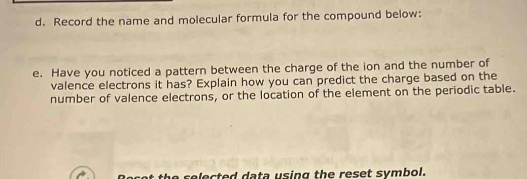 Record the name and molecular formula for the compound below: 
e. Have you noticed a pattern between the charge of the ion and the number of 
valence electrons it has? Explain how you can predict the charge based on the 
number of valence electrons, or the location of the element on the periodic table. 
Bocet the selected data using the reset symbol.