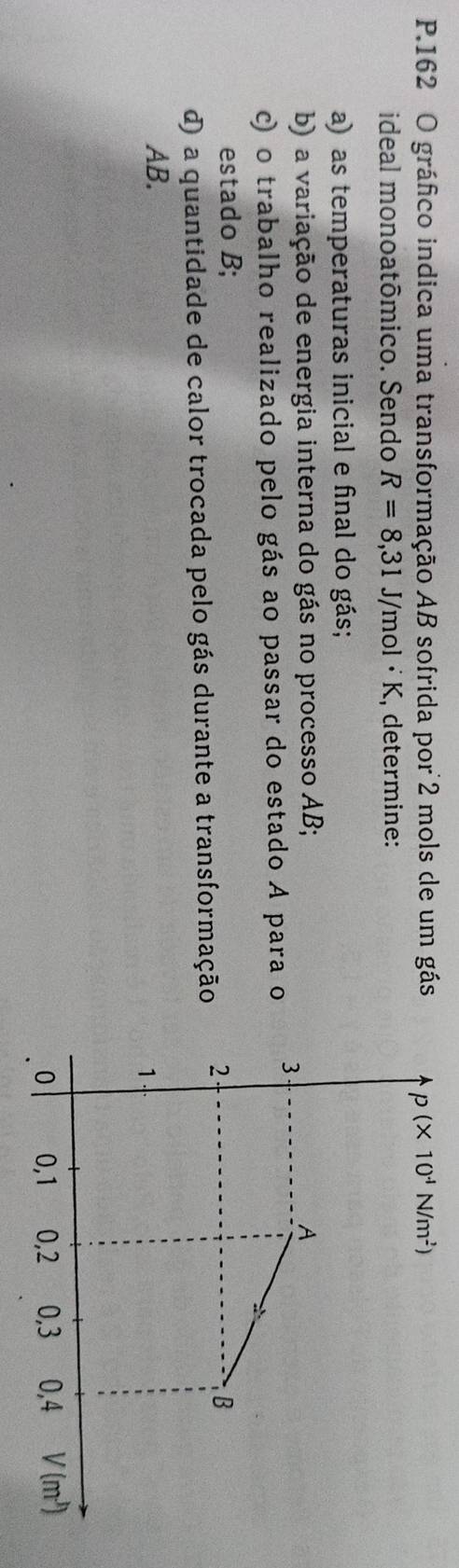 162 O gráfico indica uma transformação AB sofrida por 2 mols de um gás 
ideal monoatômico. Sendo R=8,31J/mol· K , determine:
a) as temperaturas inicial e final do gás;
b) a variação de energia interna do gás no processo AB;
c) o trabalho realizado pelo gás ao passar do estado A para o 
estado B; 
d) a quantidade de calor trocada pelo gás durante a transformação
AB.