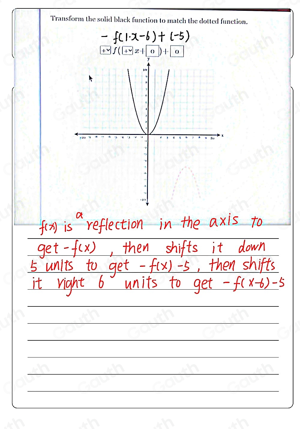 Transform the solid black function to match the dotted function.
f(+∈fty x+ 0)+ 0