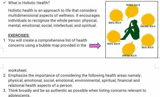 What is Holistic Health? 
Holistic health is an approach to life that considers 
multidimensional aspects of wellness. It encourages 
individuals to recognize the whole person: physical, 
mental, emotional, social, intellectual, and spiritual. 
EXERCISES: 
1. You will create a comprehensive list of health 
concerns using a bubble map provided in the 
worksheet. 
2. Emphasize the importance of considering the following health areas namely: 
physical, emotional, social, emotional, environmental, spiritual, financial and 
relational health aspects of a person. 
3. Think broadly and be as authentic as possible when listing concerns relevant to 
adolescents.