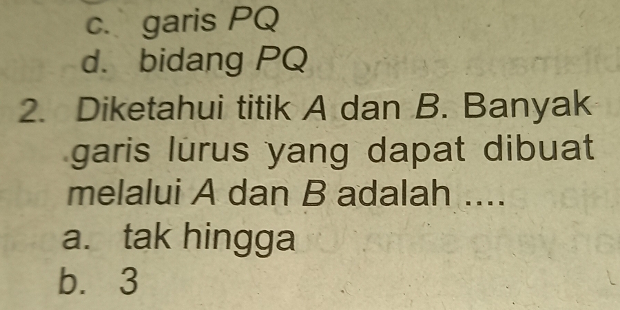 c. garis PQ
d. bidang PQ
2. Diketahui titik A dan B. Banyak
garis lurus yang dapat dibuat
melalui A dan B adalah ....
a. tak hingga
b. 3