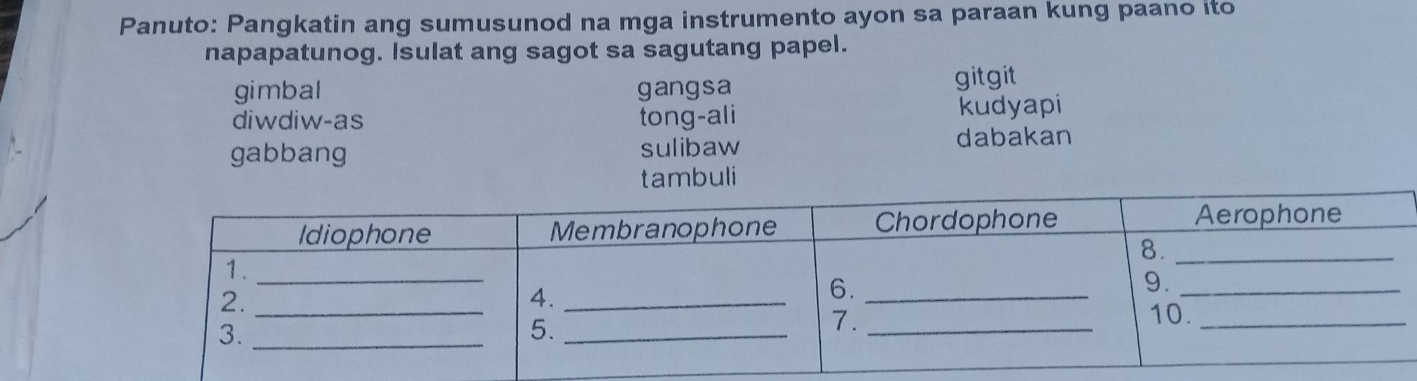 Panuto: Pangkatin ang sumusunod na mga instrumento ayon sa paraan kung paano ito
napapatunog. Isulat ang sagot sa sagutang papel.
gimbal gangsa gitgit
diwdiw-as tong-ali kudyapi
gabbang sulibaw
dabakan
tambuli