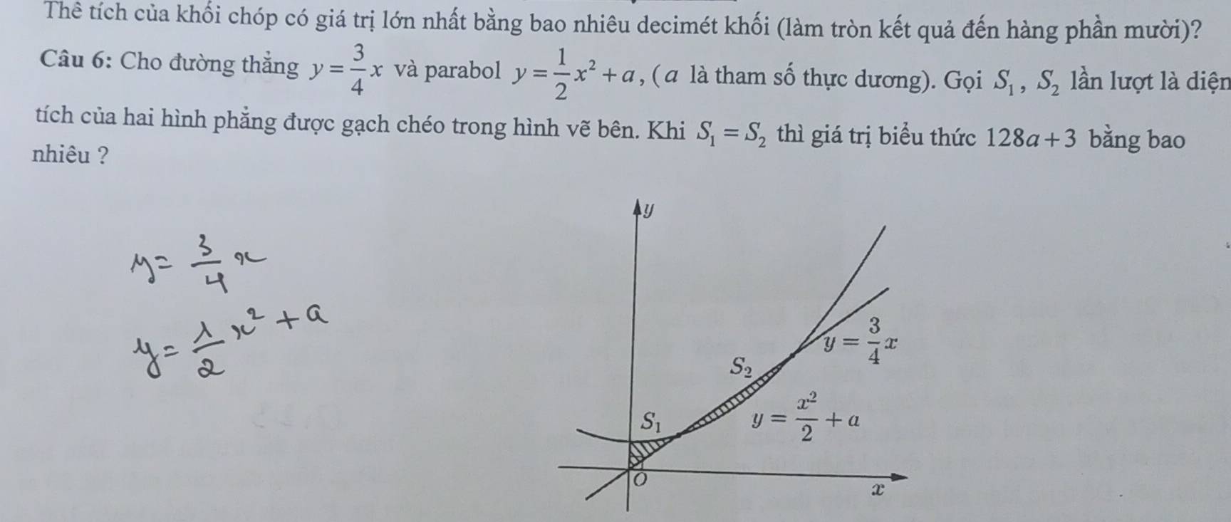 Thê tích của khối chóp có giá trị lớn nhất bằng bao nhiêu decimét khối (làm tròn kết quả đến hàng phần mười)?
Câu 6: Cho đường thắng y= 3/4 x và parabol y= 1/2 x^2+a , ( a là tham số thực dương). Gọi S_1,S_2 lần lượt là diện
tích của hai hình phẳng được gạch chéo trong hình vẽ bên. Khi S_1=S_2 thì giá trị biểu thức 128a+3 bằng bao
nhiêu ?