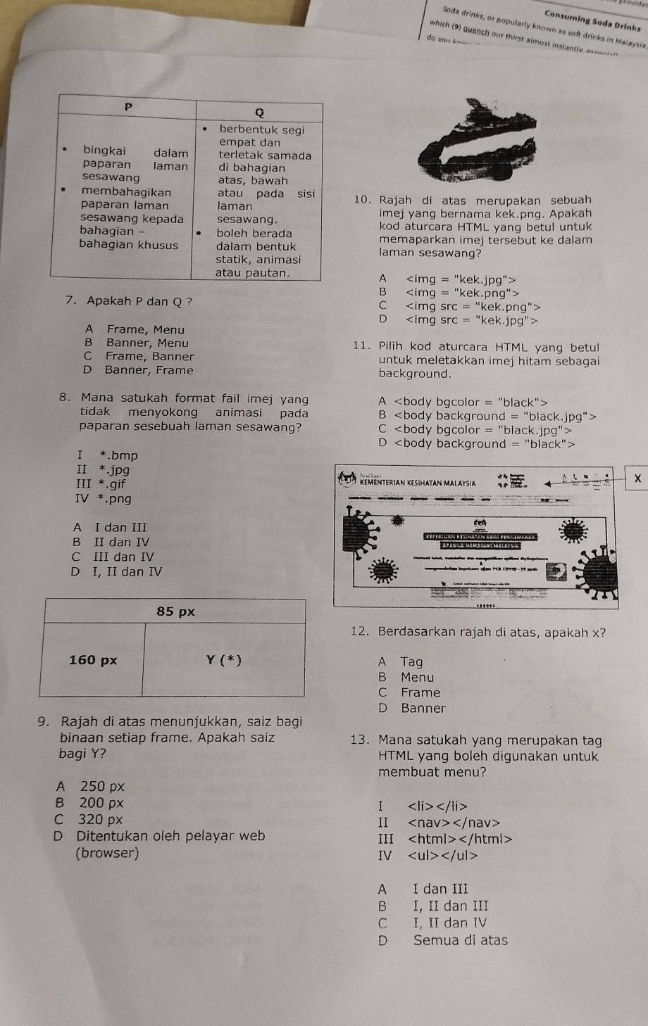 Consuming Soda Drinks
Soda drinks, or popularly known as soft drinks in Malaysia
which (9) quench our thirst almost instantly , e    
do you ke_ 
P
Q
berbentuk segi
empat dan
bingkai dalam terletak samada
paparan Iaman di bahagian
sesawang atas, bawah
membahagikan atau pada sisi
paparan laman laman 10. Rajah di atas merupakan sebuah
imej yang bernama kek.png. Apakah
sesawang kepada sesawang. kod aturcara HTML yang betul untuk
bahagian - boleh berada
memaparkan imej tersebut ke dalam
bahagian khusus dalam bentuk laman sesawang?
statik, animasi
atau pautan.
A
B
7. Apakah P dan Q?
C
D
A Frame, Menu
B Banner, Menu 11. Pilih kod aturcara HTML yang betul
C Frame, Banner untuk meletakkan imej hitam sebagai
D Banner, Frame background.
8. Mana satukah format fail imej yan A
tidak menyokong animasi pada B pg''
paparan sesebuah laman sesawang? C